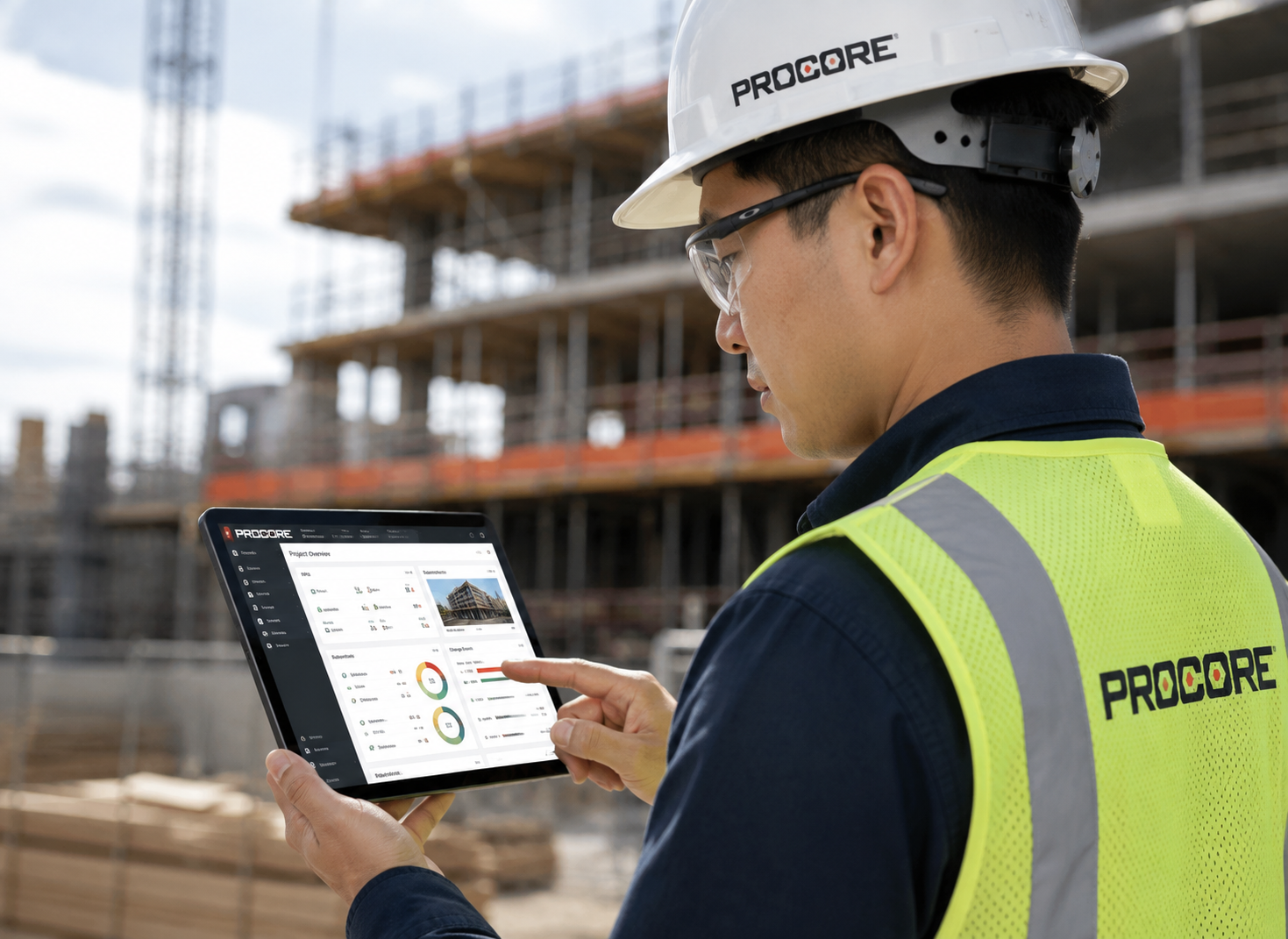 Construction professional using Procore on a tablet at a construction site