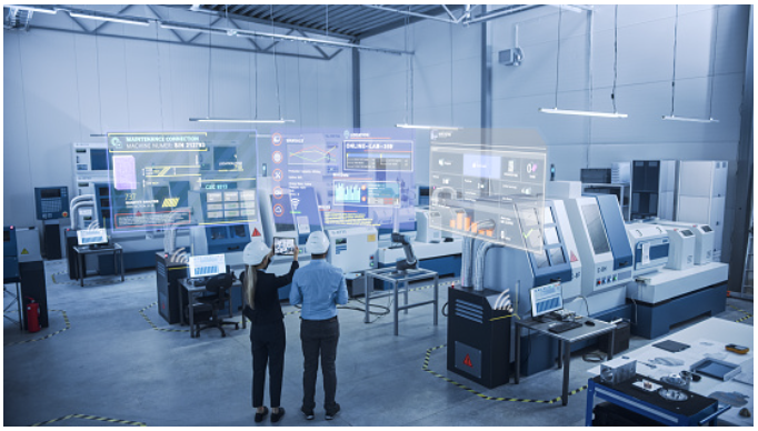 Modern manufacturing facility with connected production equipment and digital manufacturing information