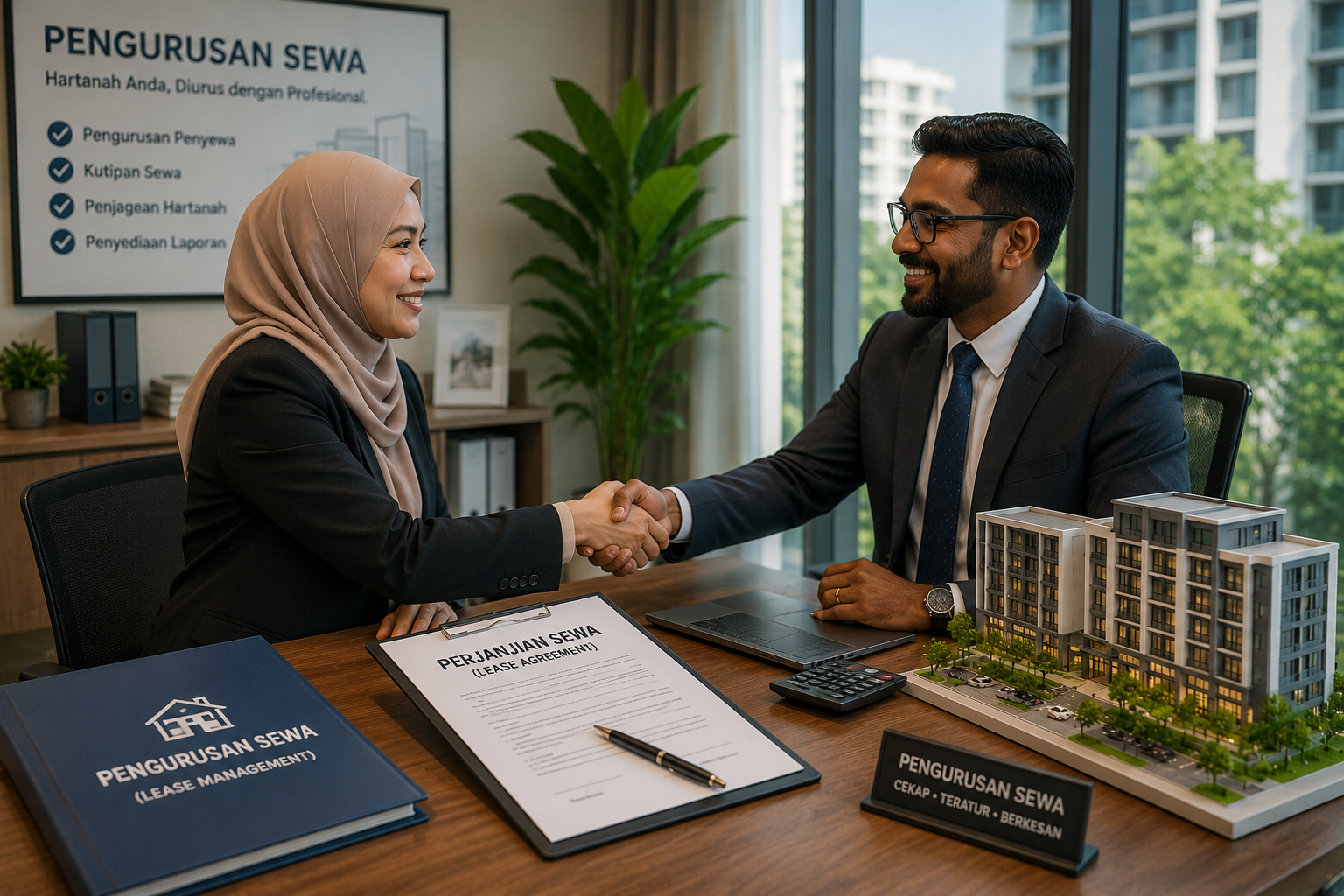 Property leasing representatives completing a lease agreement beside a property model