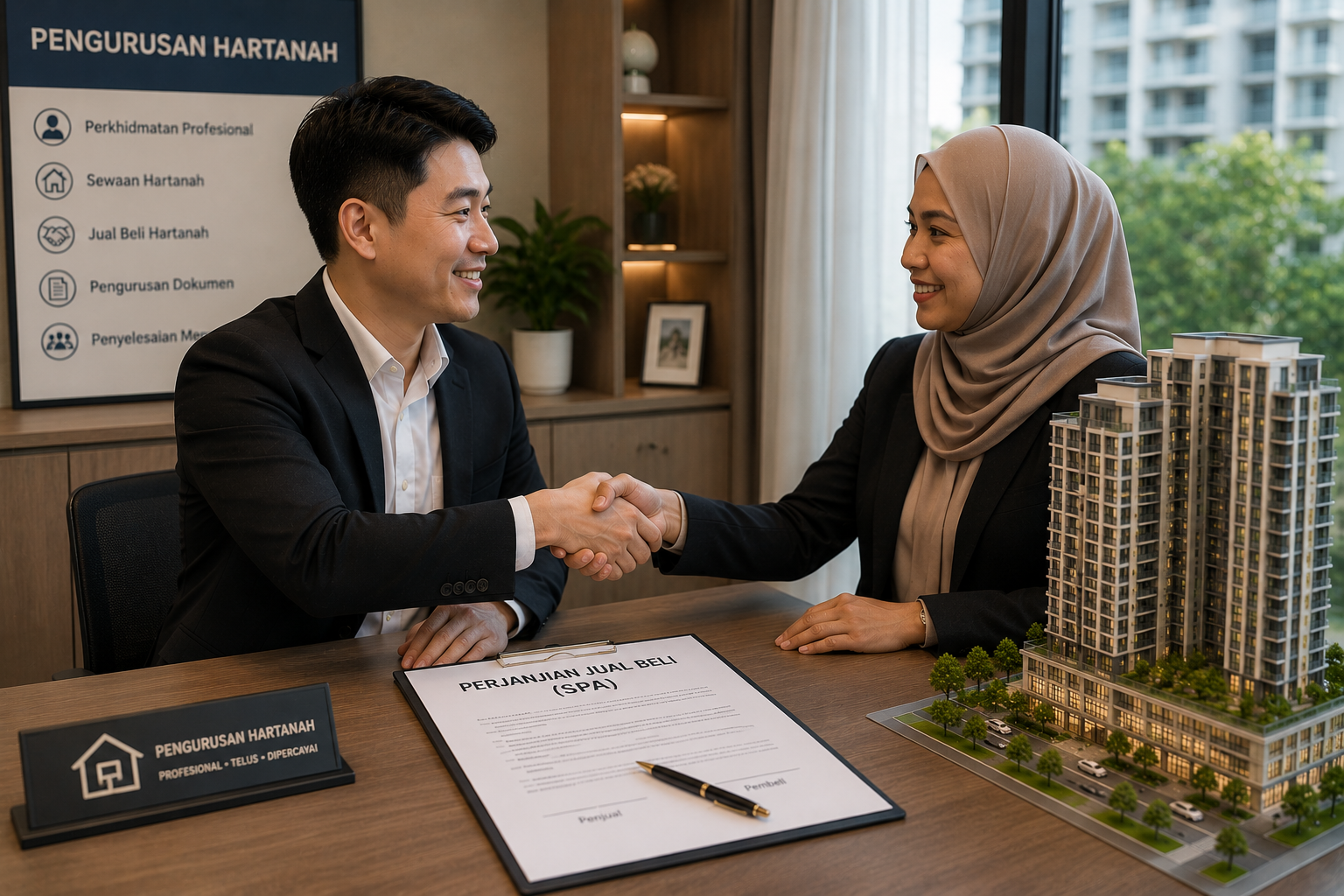 Property buyer and sales representative completing a sale and purchase agreement beside a condominium model